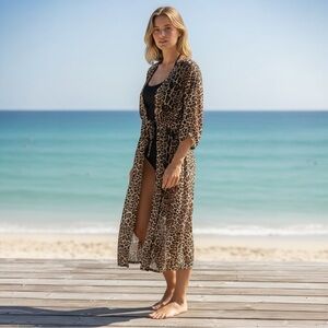 Ember Sheer Coverup, Long Sleeve, V-Neck, 4 Button Closure, Leopard Print, Large